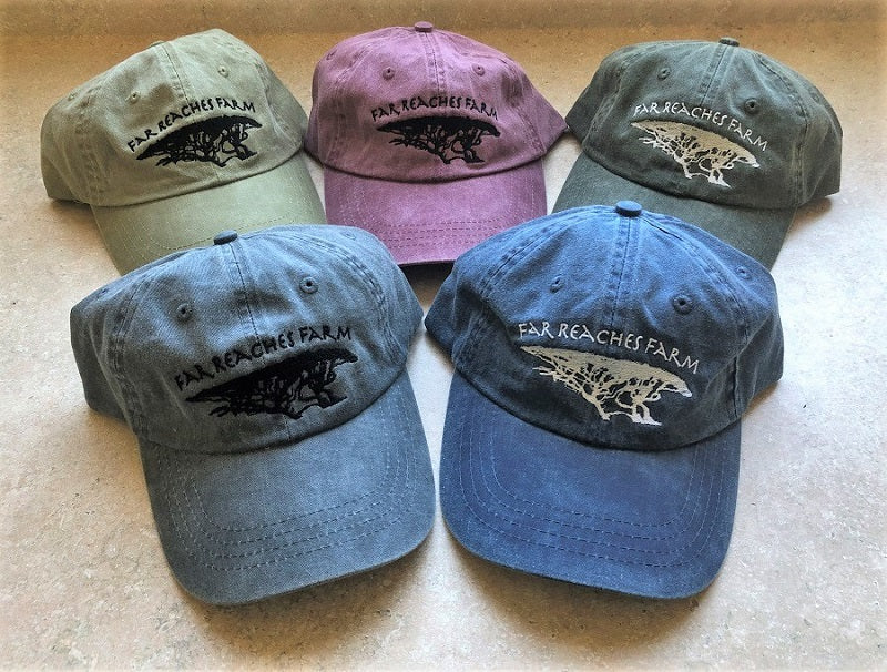 Five hats of different colors with the Far Reaches Farm logo