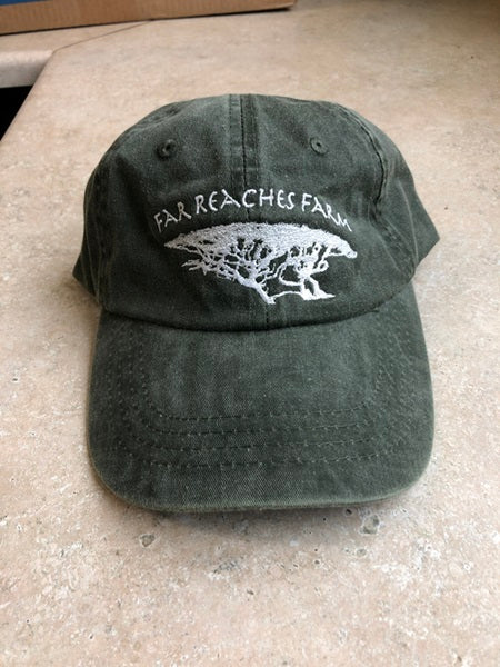 A dark green hat with the Far Reaches Farm logo