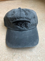 A charcoal grey hat with the Far Reaches Farm logo