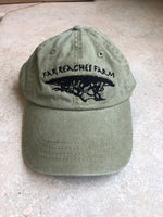 A khaki colored hat with the Far Reaches Farm logo